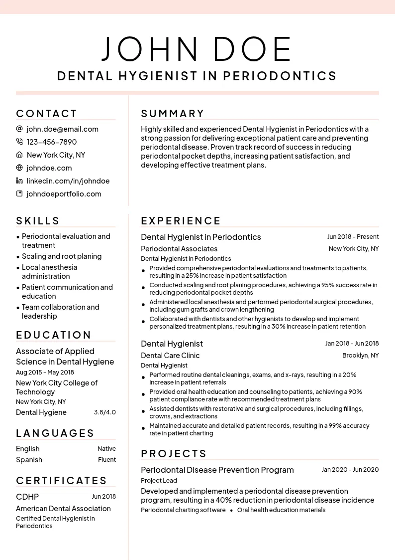 Dental Hygienist in Periodontics resume example