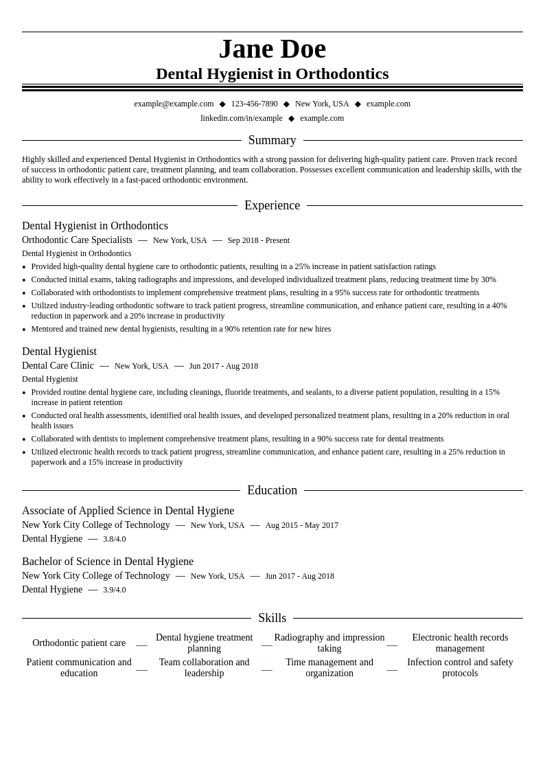 Dental Hygienist in Orthodontics resume example