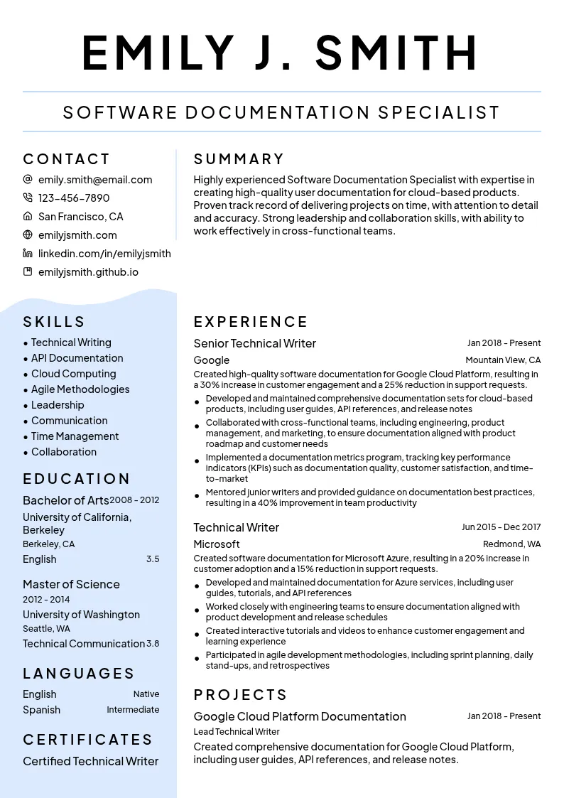 Software Documentation Specialist resume example