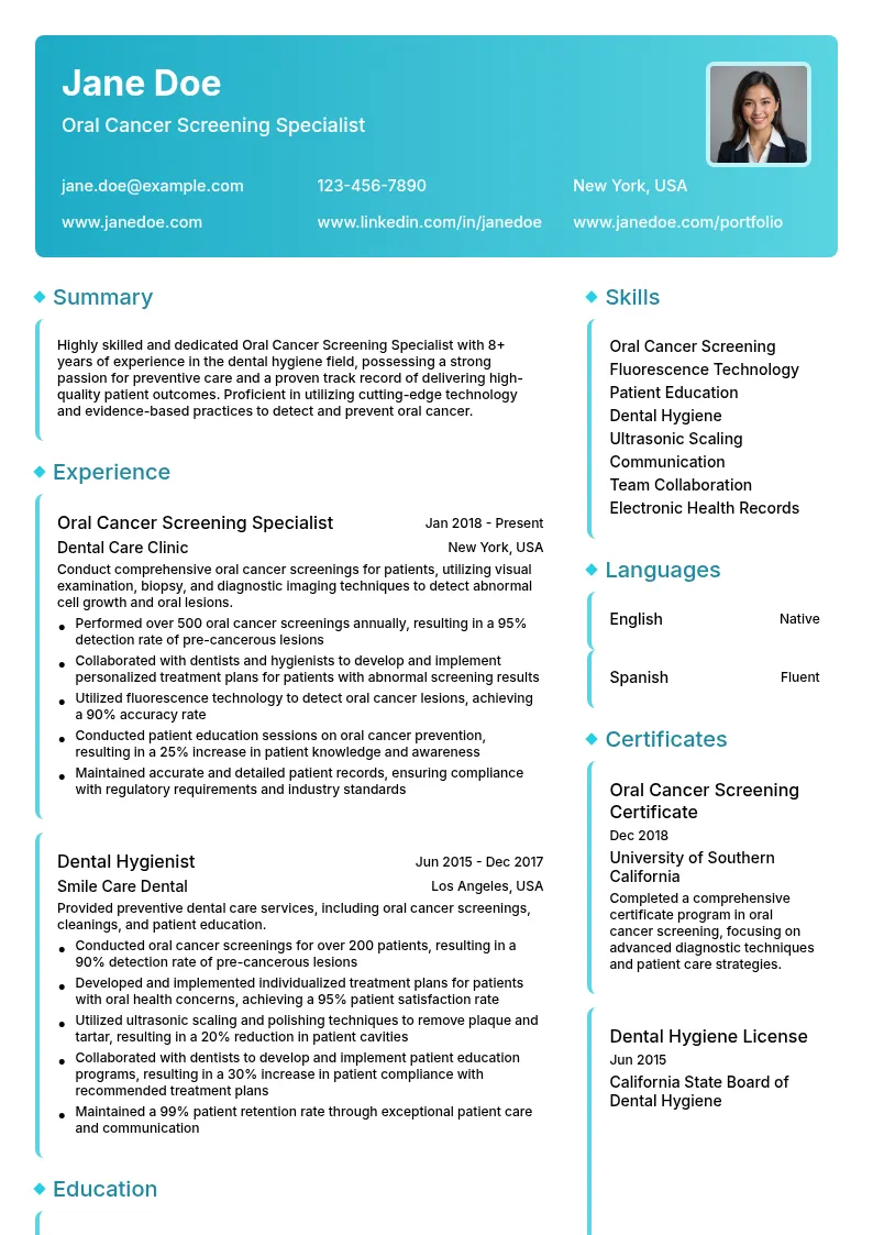 Oral Cancer Screening Specialist resume example