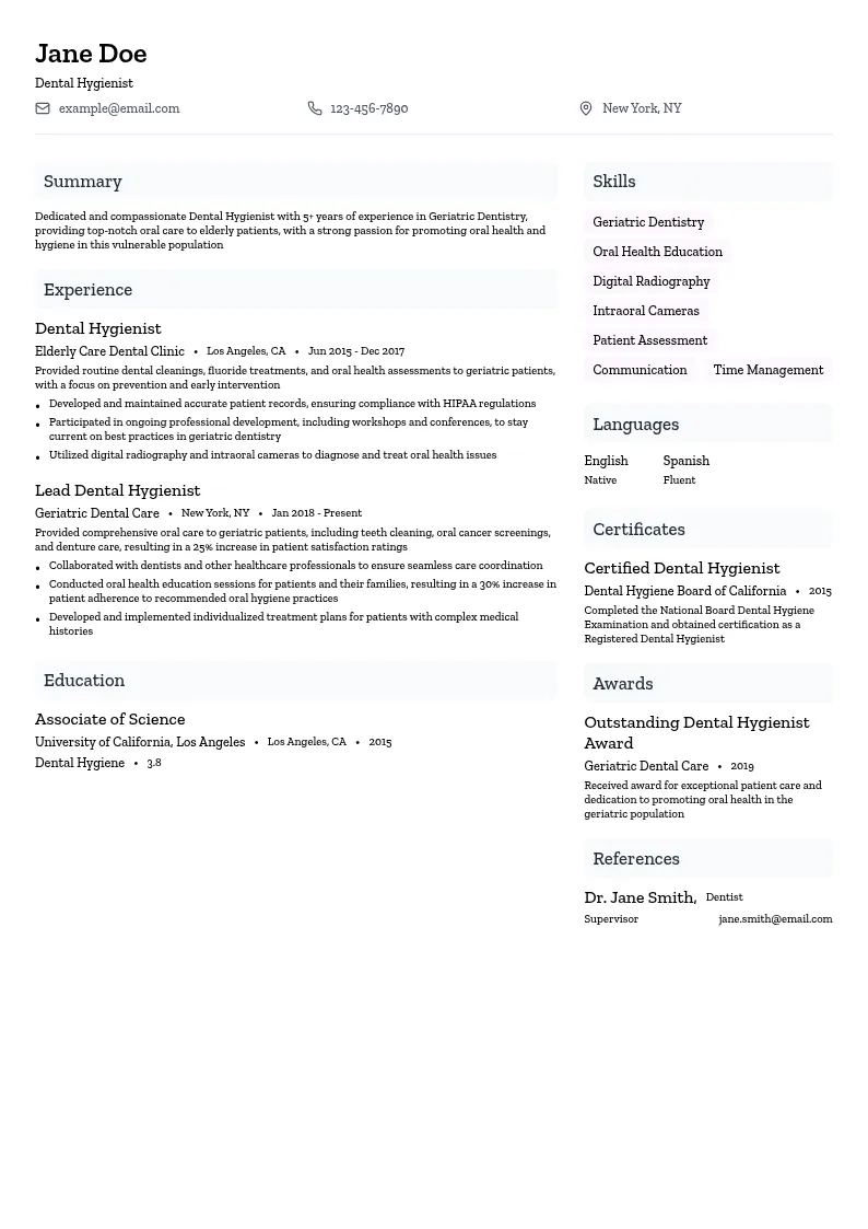 Dental Hygienist in Geriatric Dentistry resume example