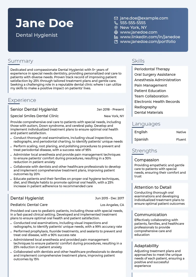 Dental Hygienist in Special Needs Dentistry resume example