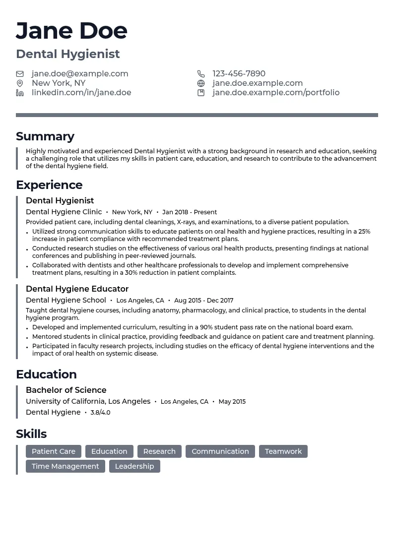 Dental Hygienist in Research and Education resume example