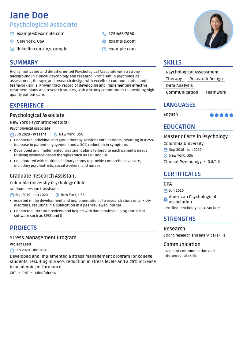 Psychological Associate resume example