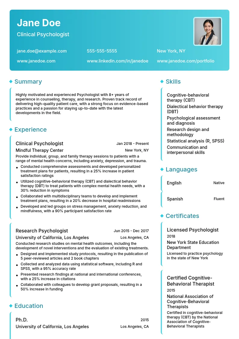 Psychologist resume example