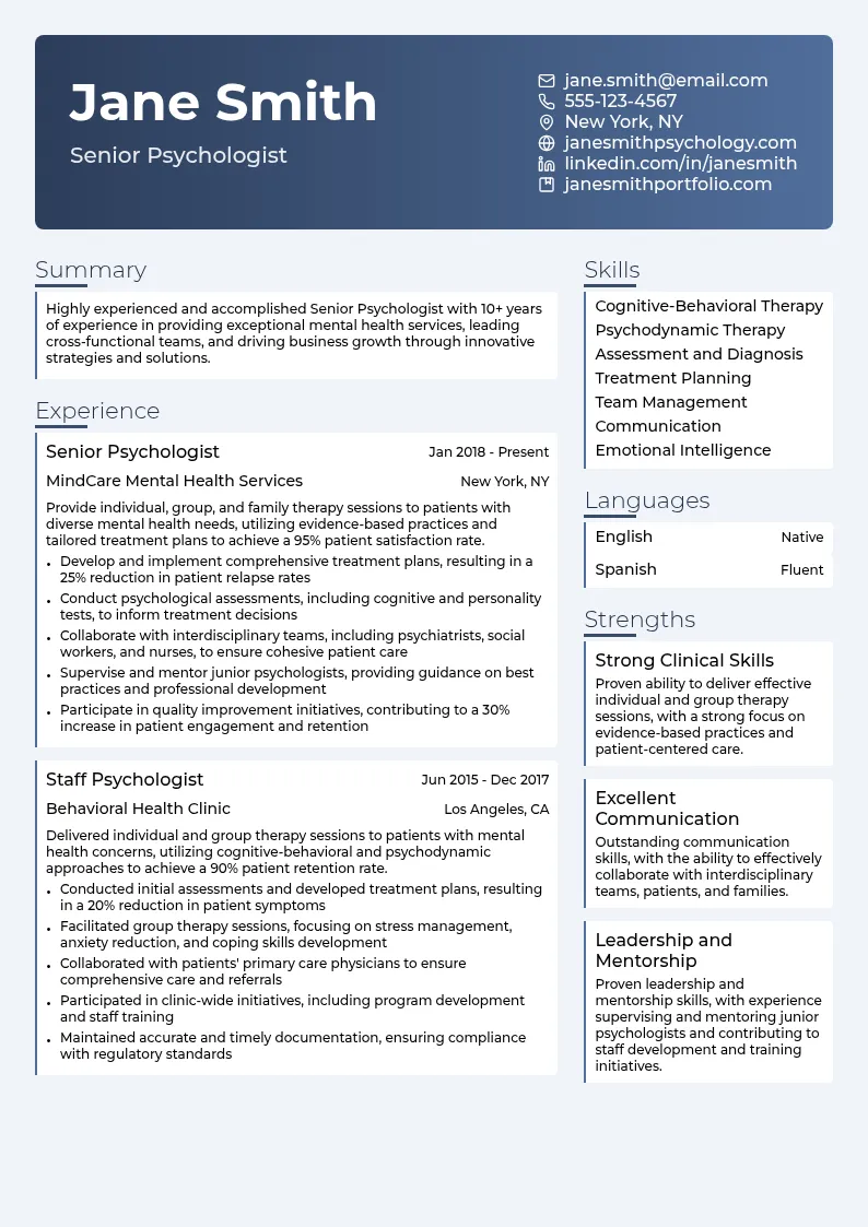 Senior Psychologist resume example