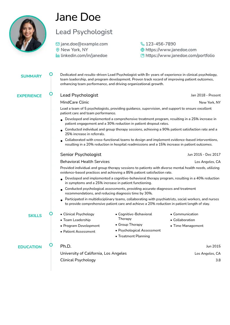 Lead/Team Lead Psychologist resume example