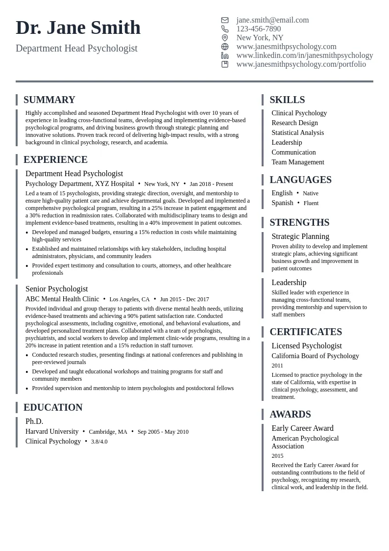 Department Head Psychologist resume example