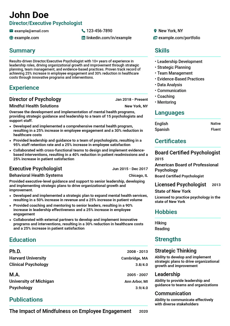 Director/Executive Psychologist resume example
