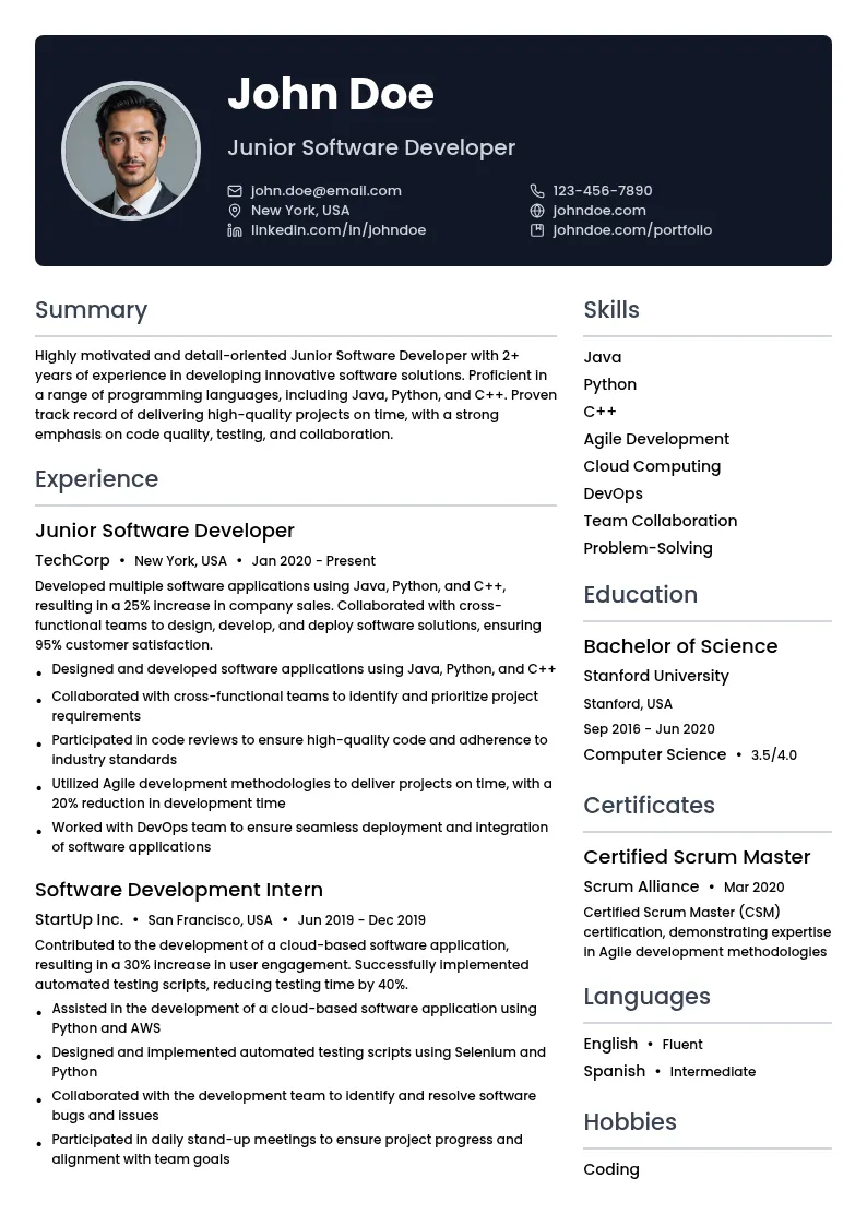 Junior Software Developer resume example