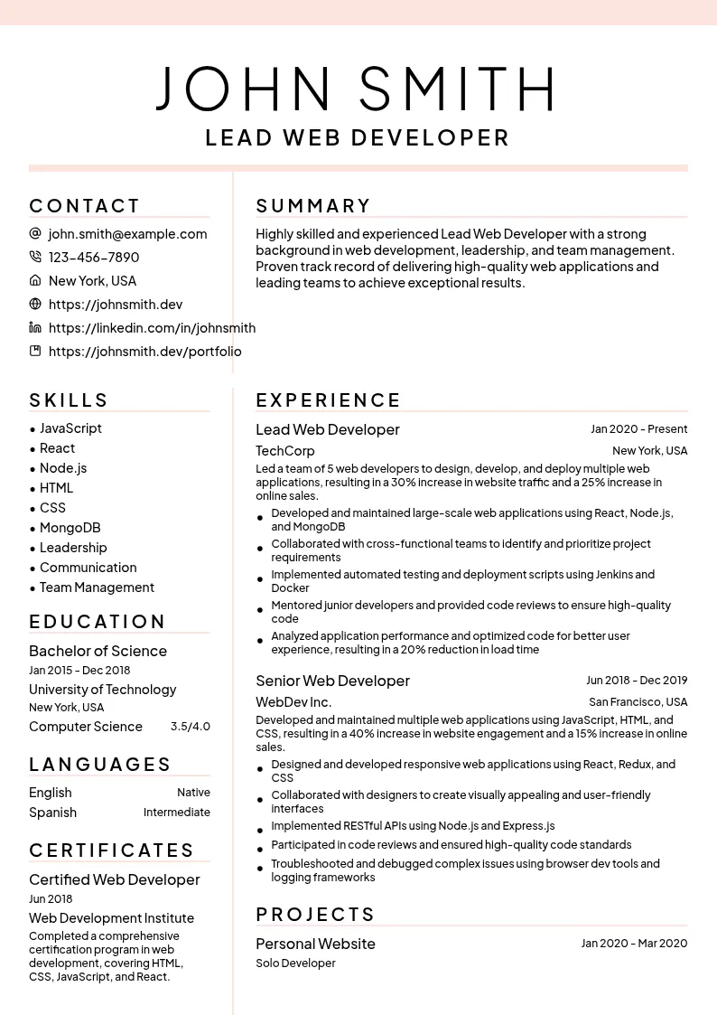 Lead Web Developer resume example
