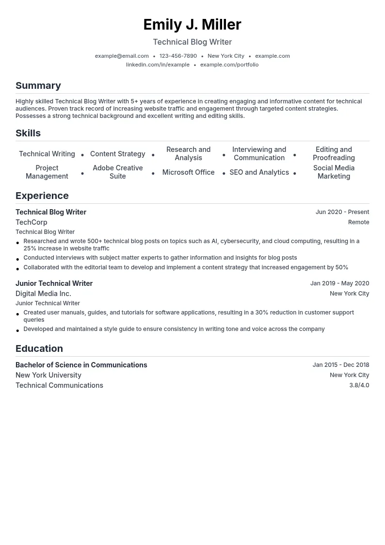 Technical Blog Writer resume example