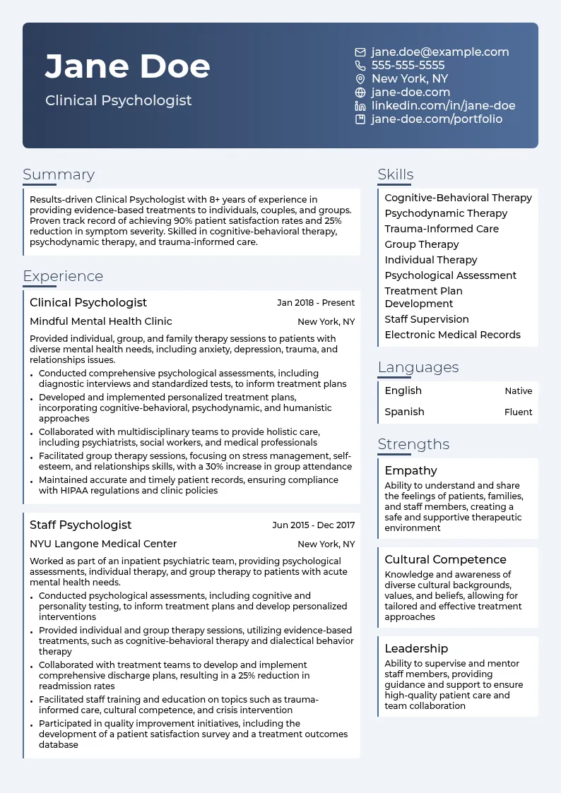 Clinical Psychologist resume example