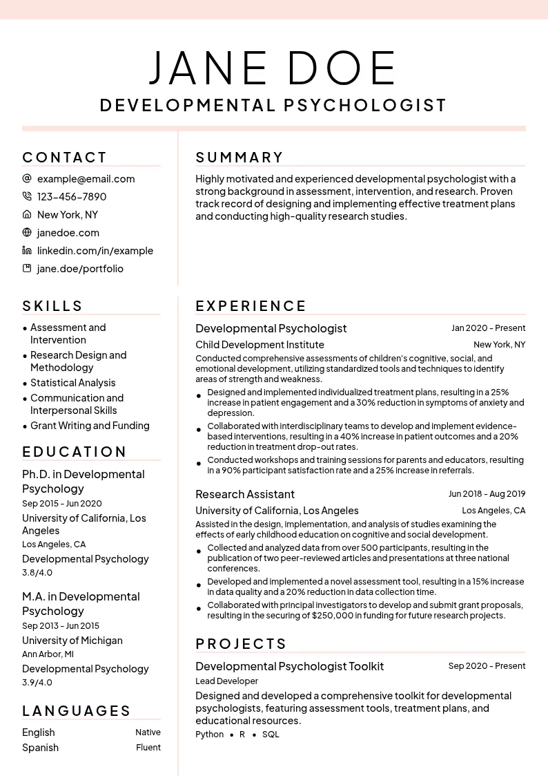 Developmental Psychologist resume example