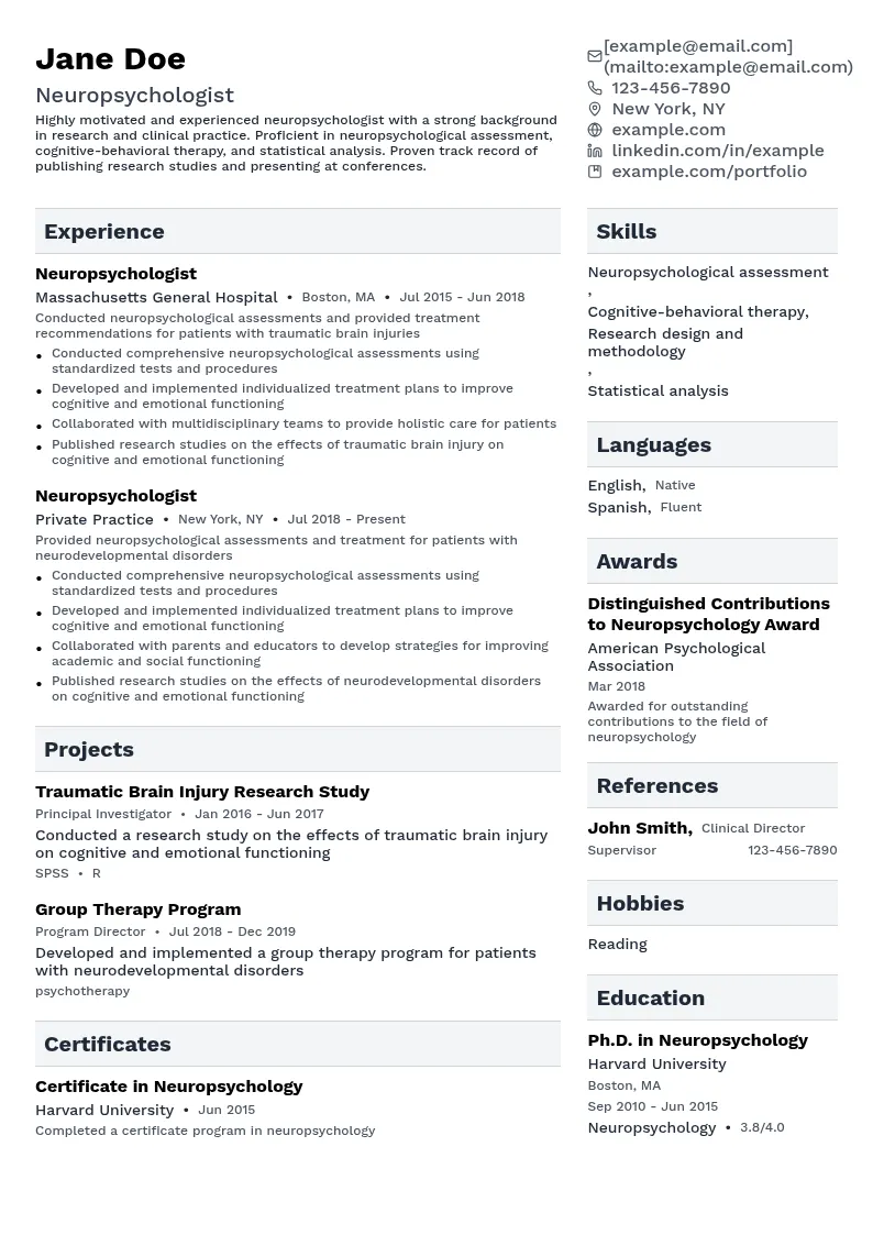 Neuropsychologist resume example