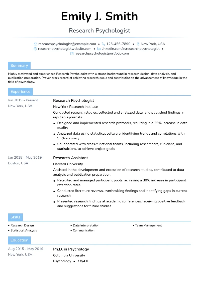 Research Psychologist resume example