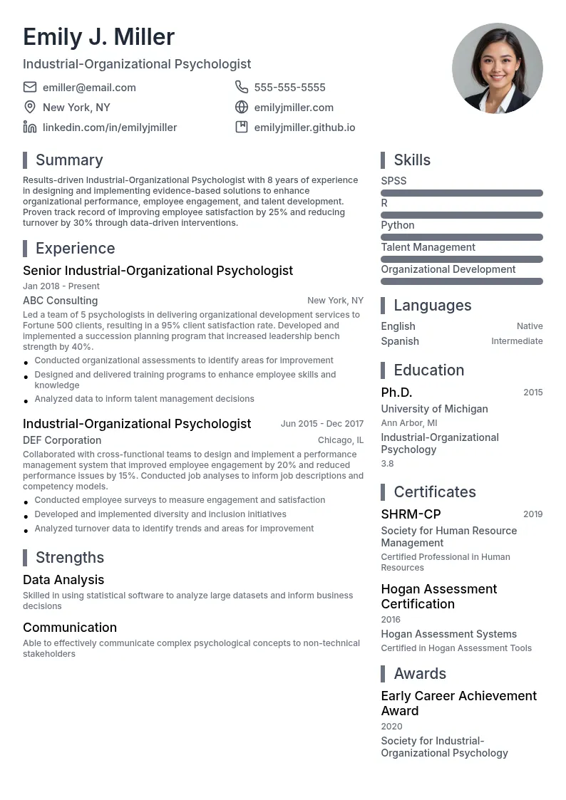 Industrial-Organizational Psychologist resume example