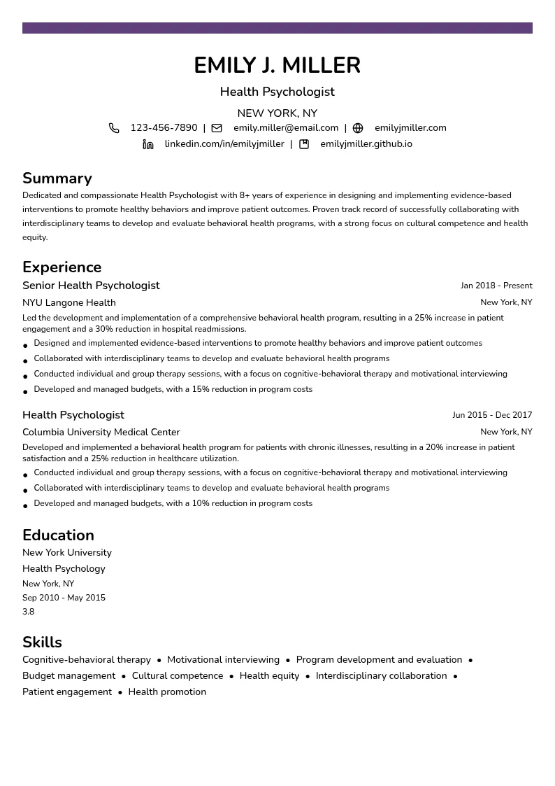 Health Psychologist resume example