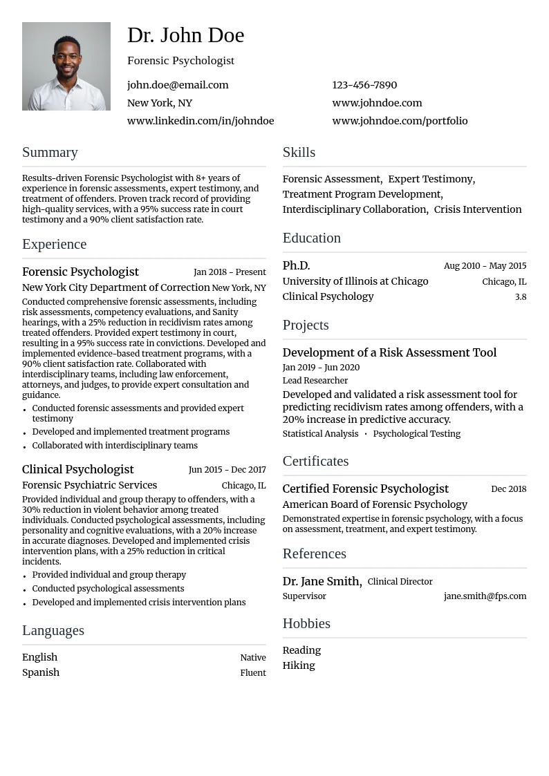 Forensic Psychologist resume example