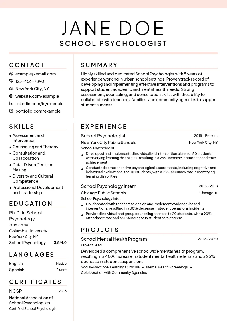 School Psychologist resume example