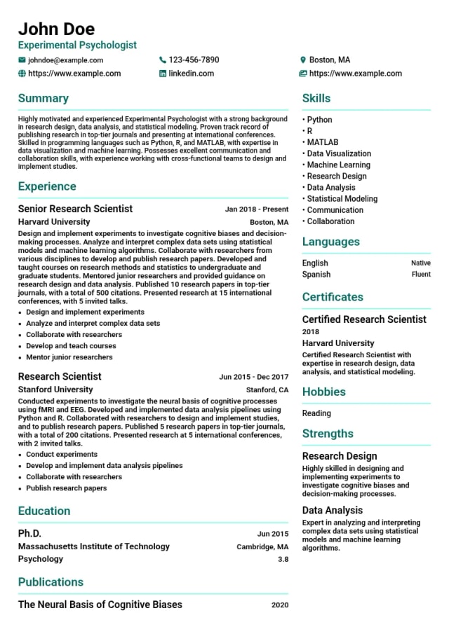 Experimental Psychologist resume example