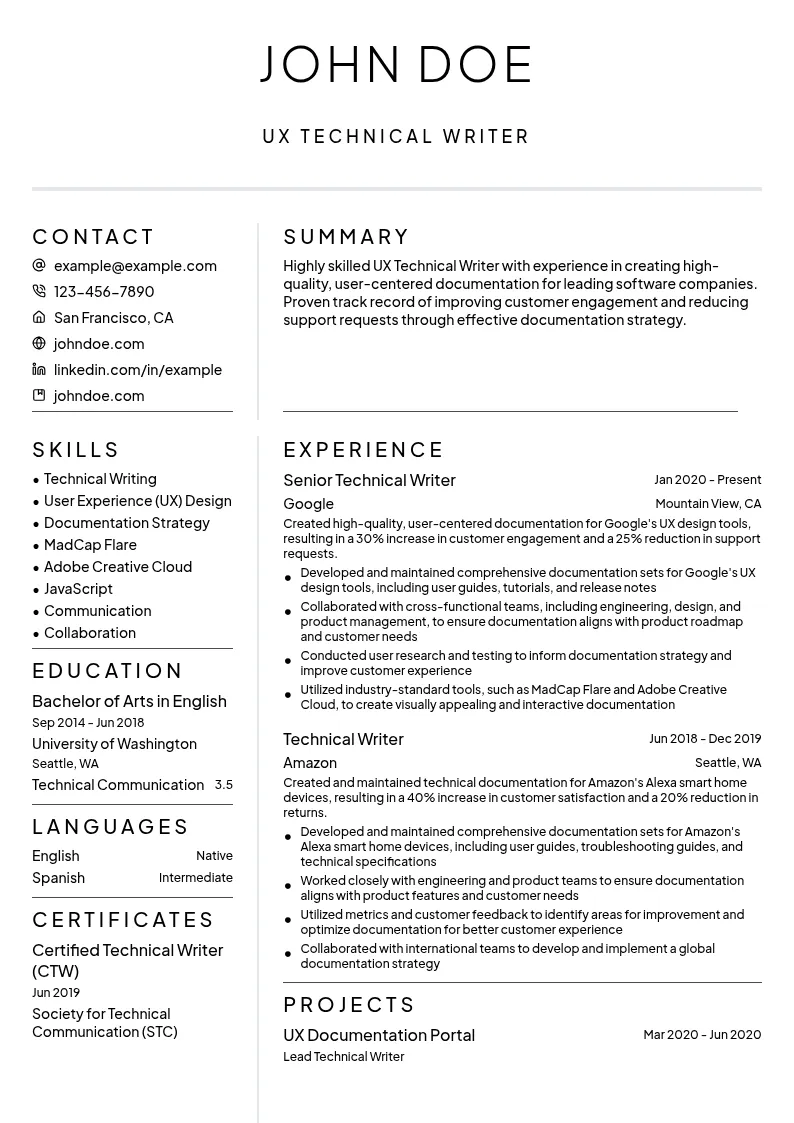 UX Technical Writer resume example