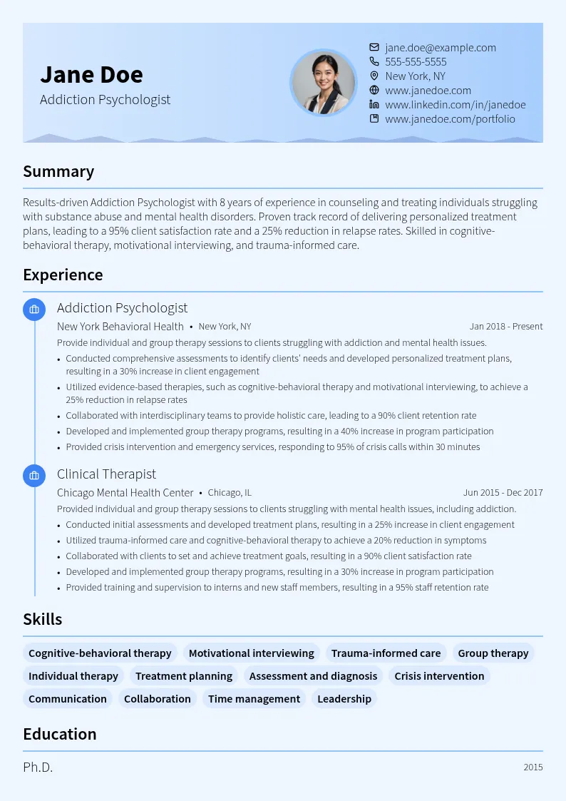 Addiction Psychologist resume example