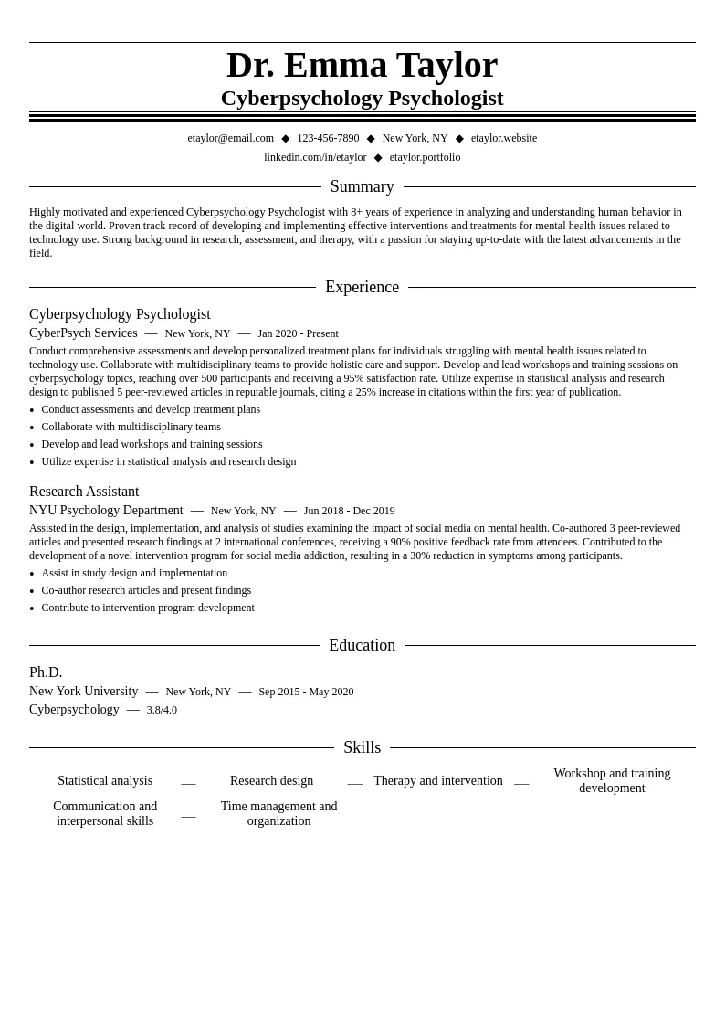 Cyberpsychology Psychologist resume example