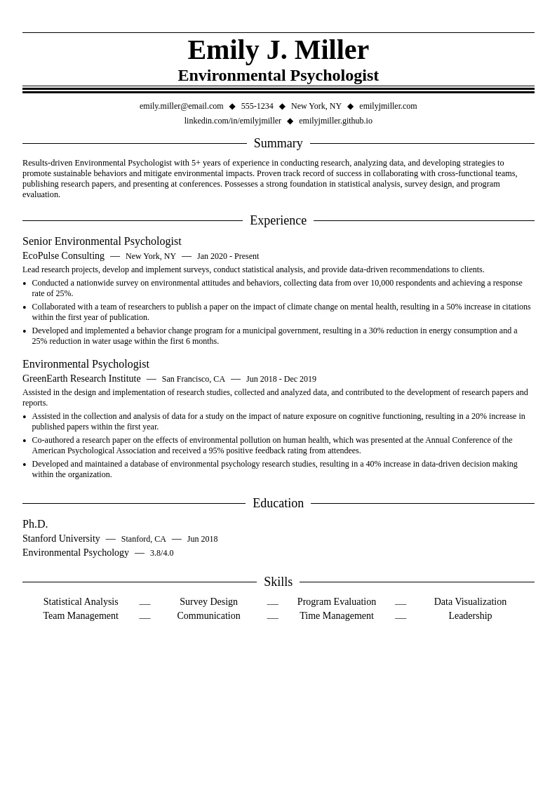 Environmental Psychologist resume example