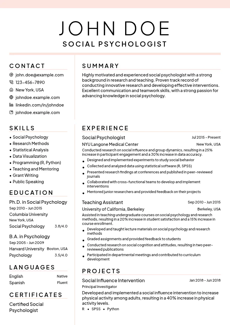 Social Psychologist resume example