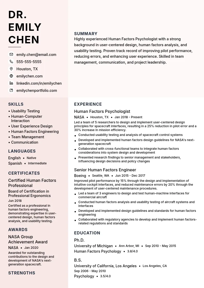 Human Factors Psychologist resume example