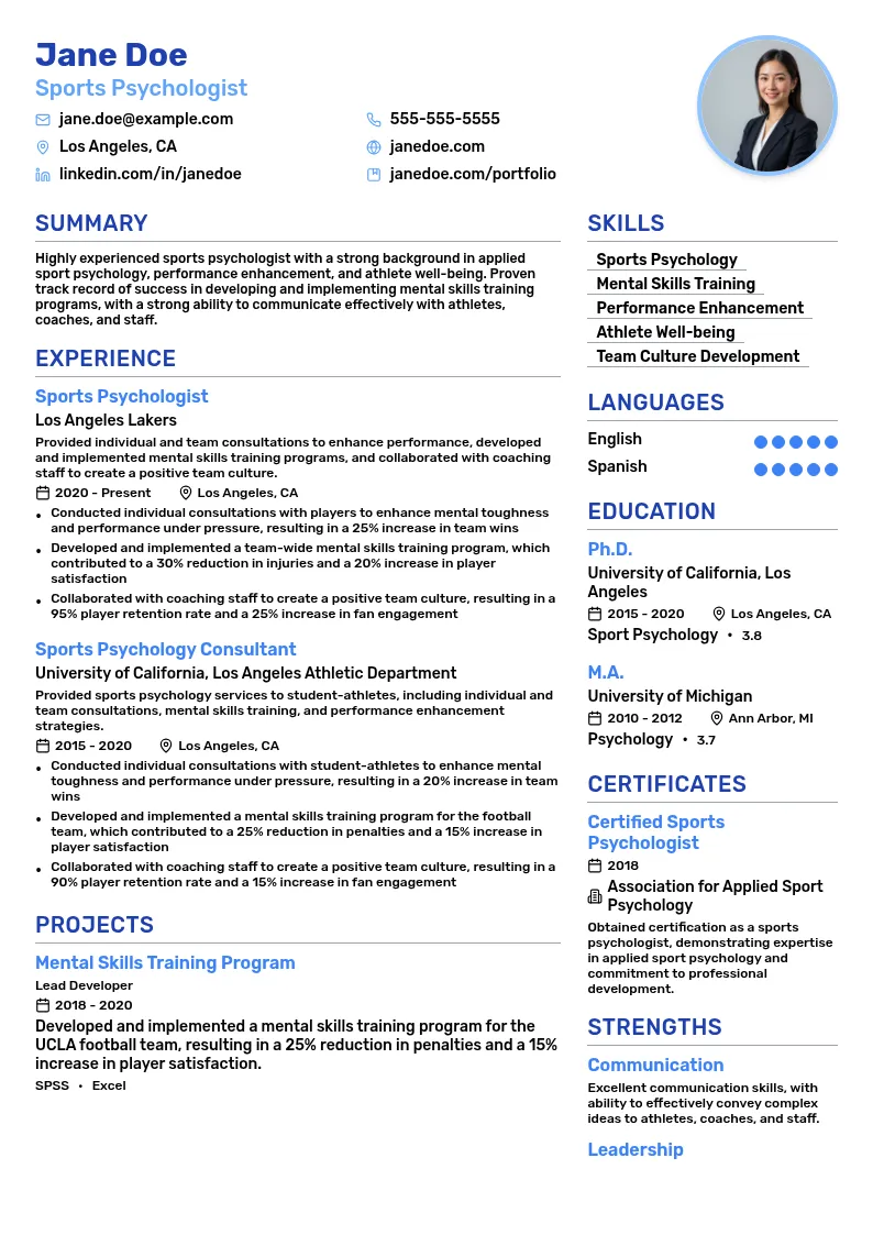 Sports Psychologist resume example