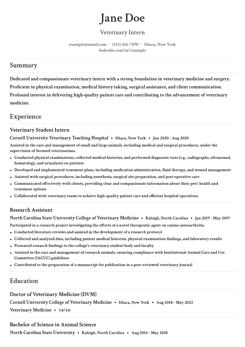 Veterinary Intern resume example