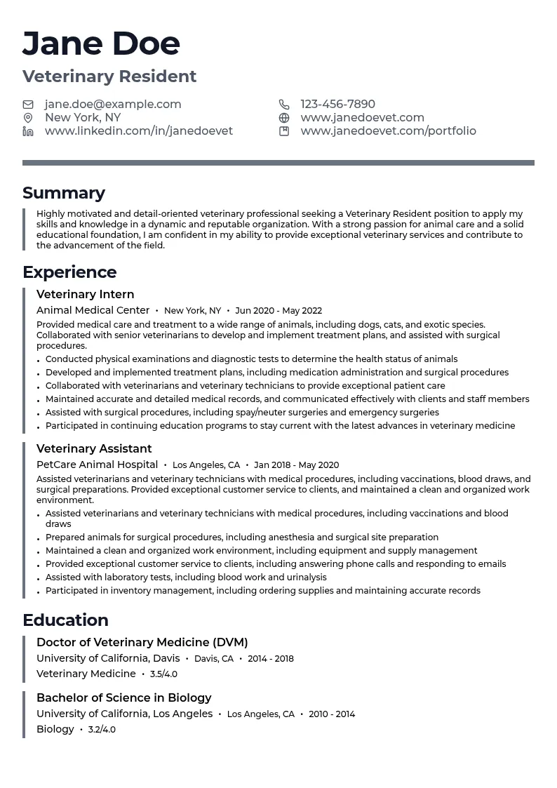 Veterinary Resident resume example