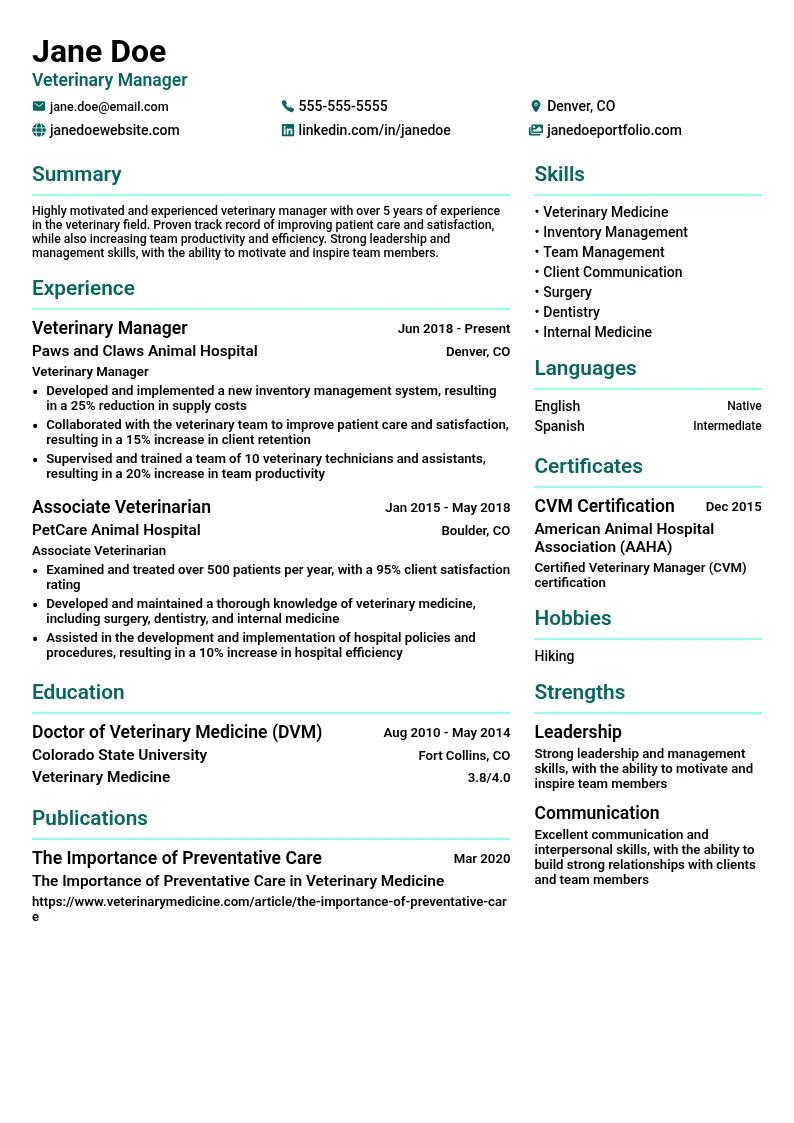 Veterinary Manager resume example