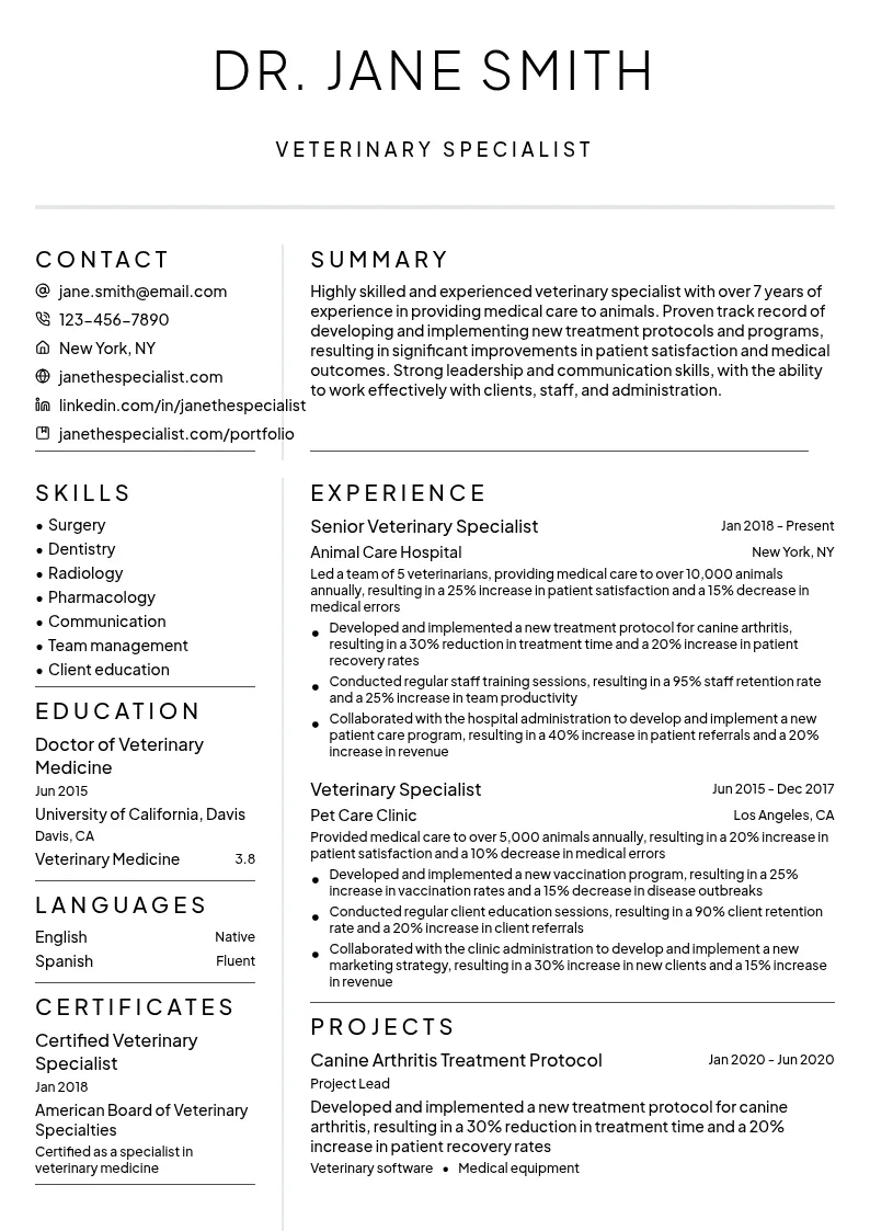 Veterinary Specialist resume example