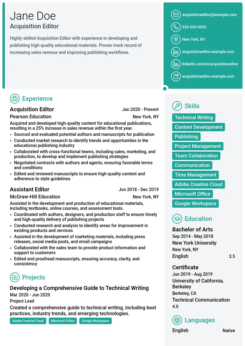 Acquisition Editor resume example