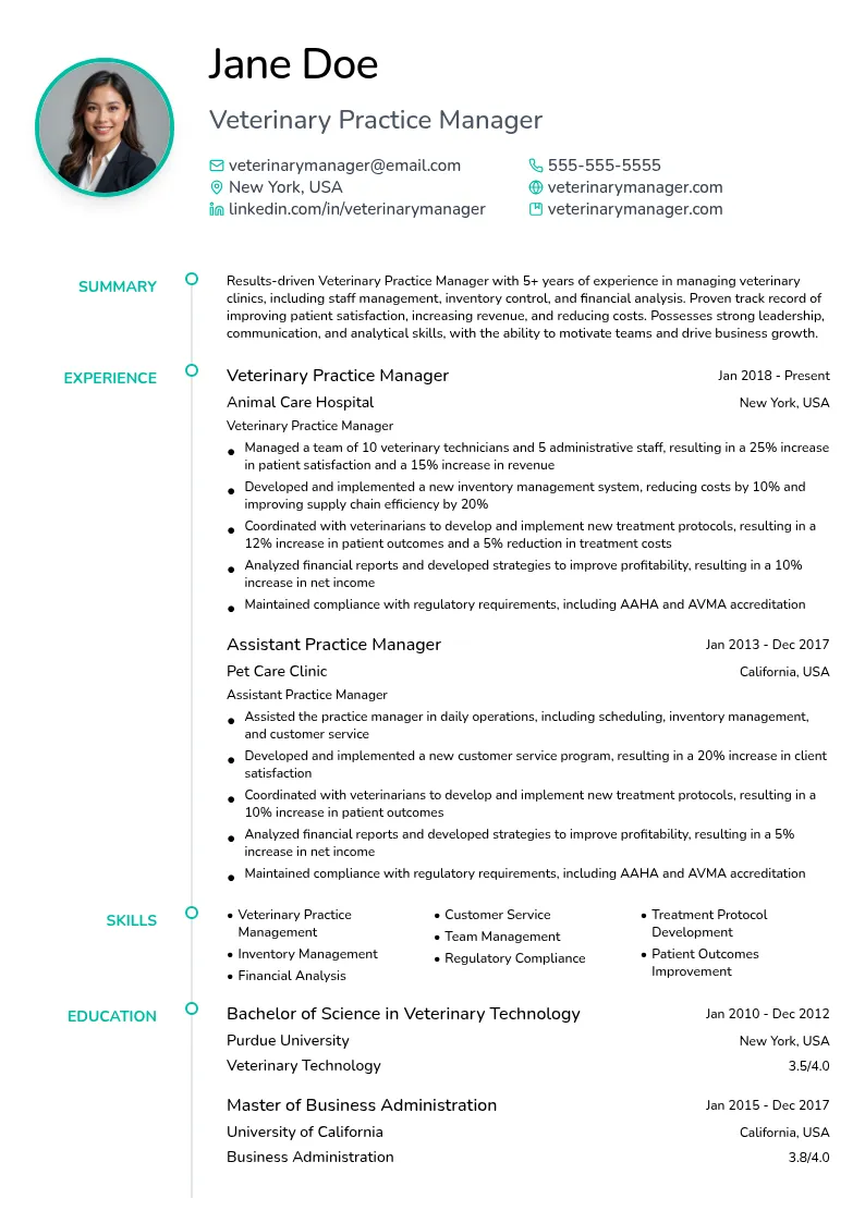 Veterinary Practice Manager resume example