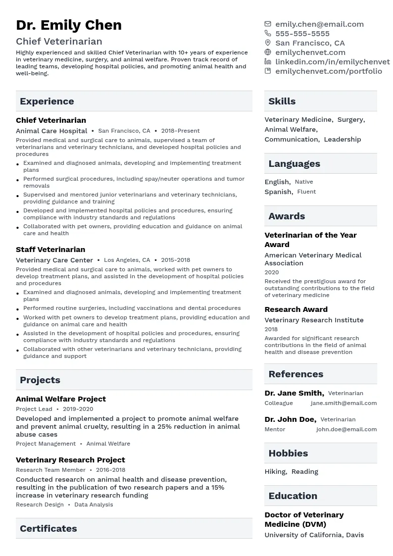 Chief Veterinarian resume example
