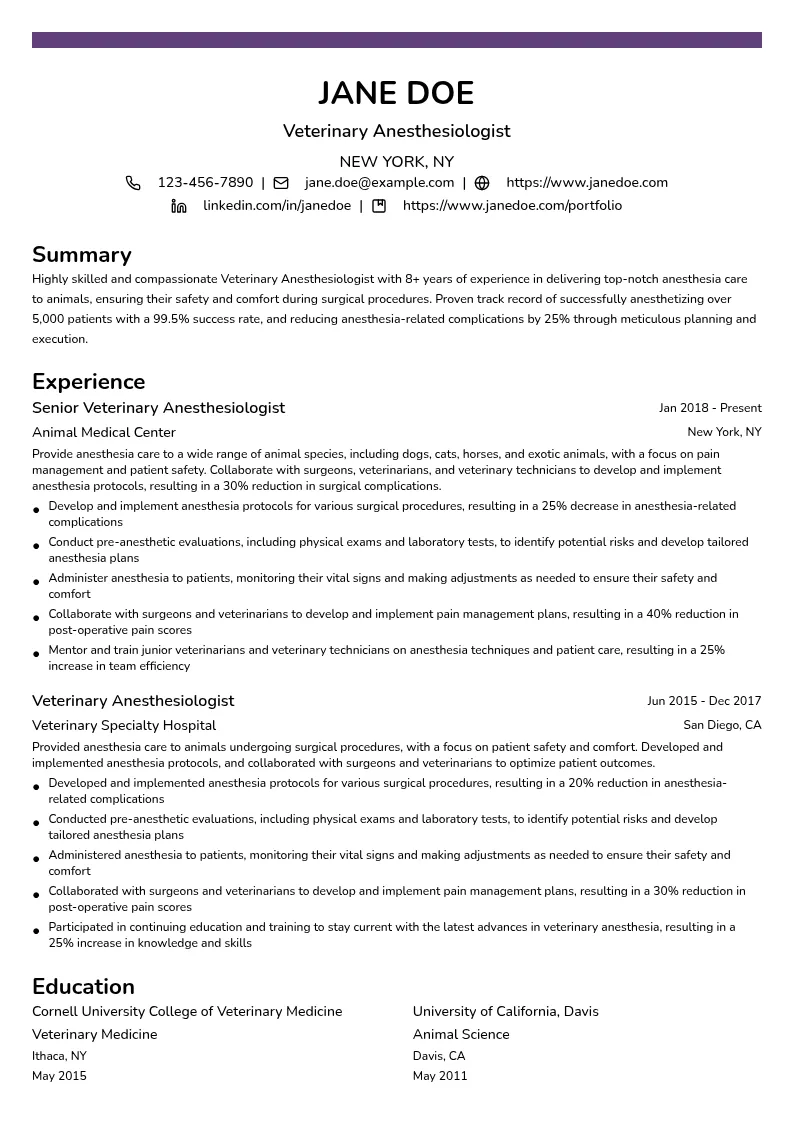 Veterinary Anesthesiologist resume example