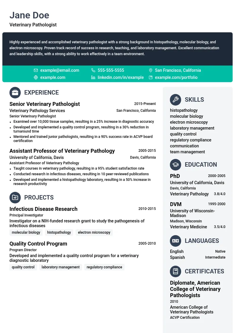Veterinary Pathologist resume example