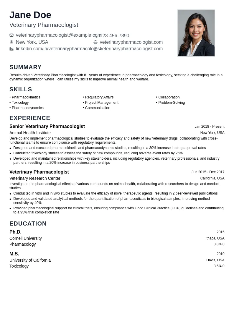 Veterinary Pharmacologist resume example
