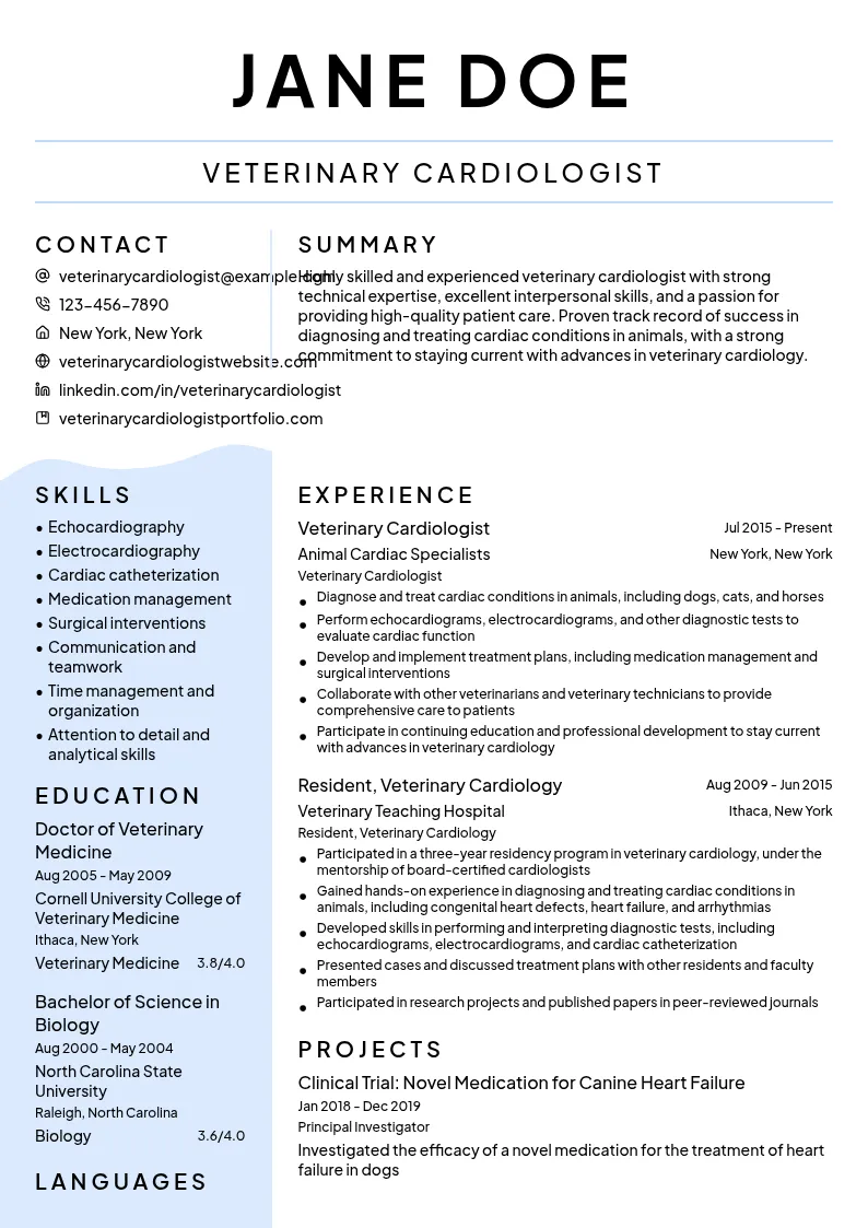 Veterinary Cardiologist resume example