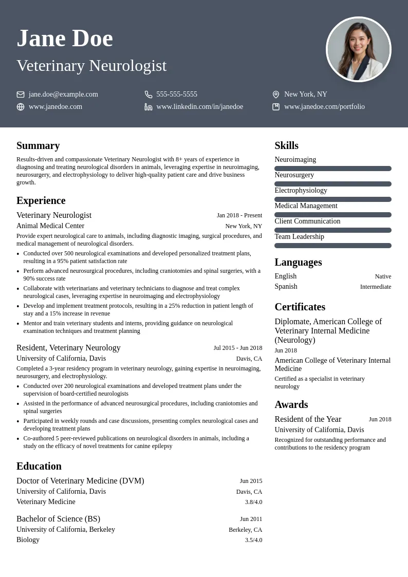 Veterinary Neurologist resume example