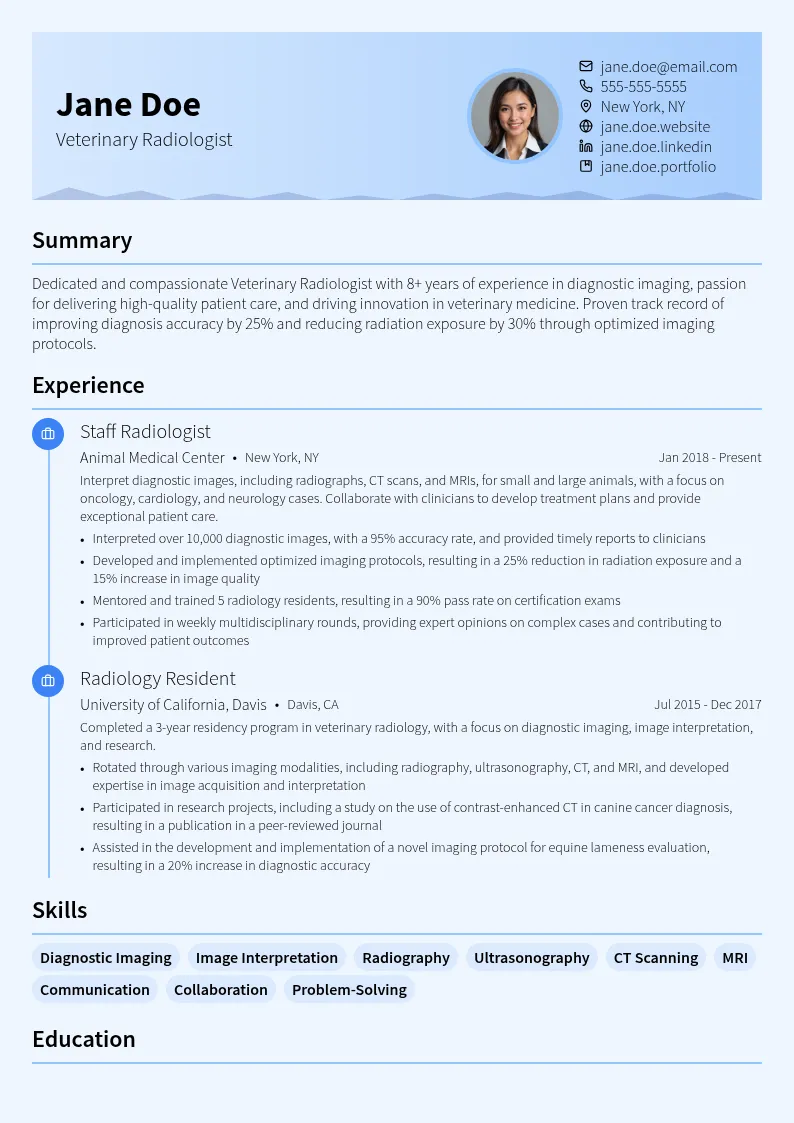Veterinary Radiologist resume example