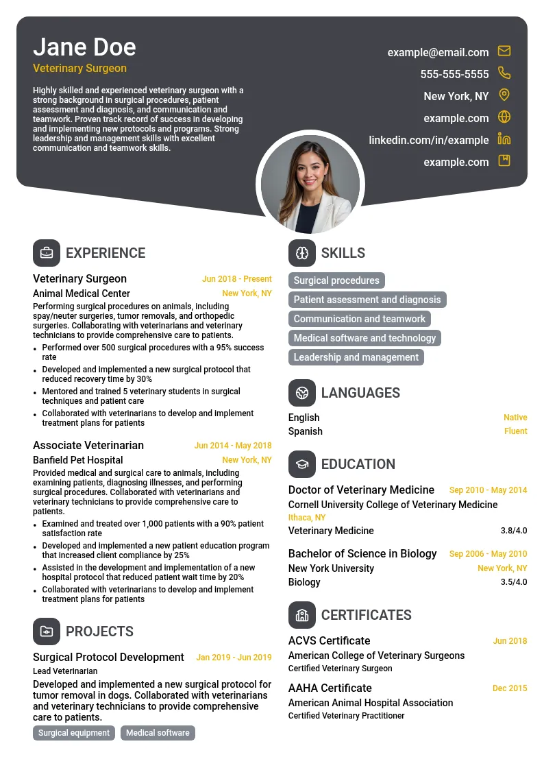 Veterinary Surgeon resume example