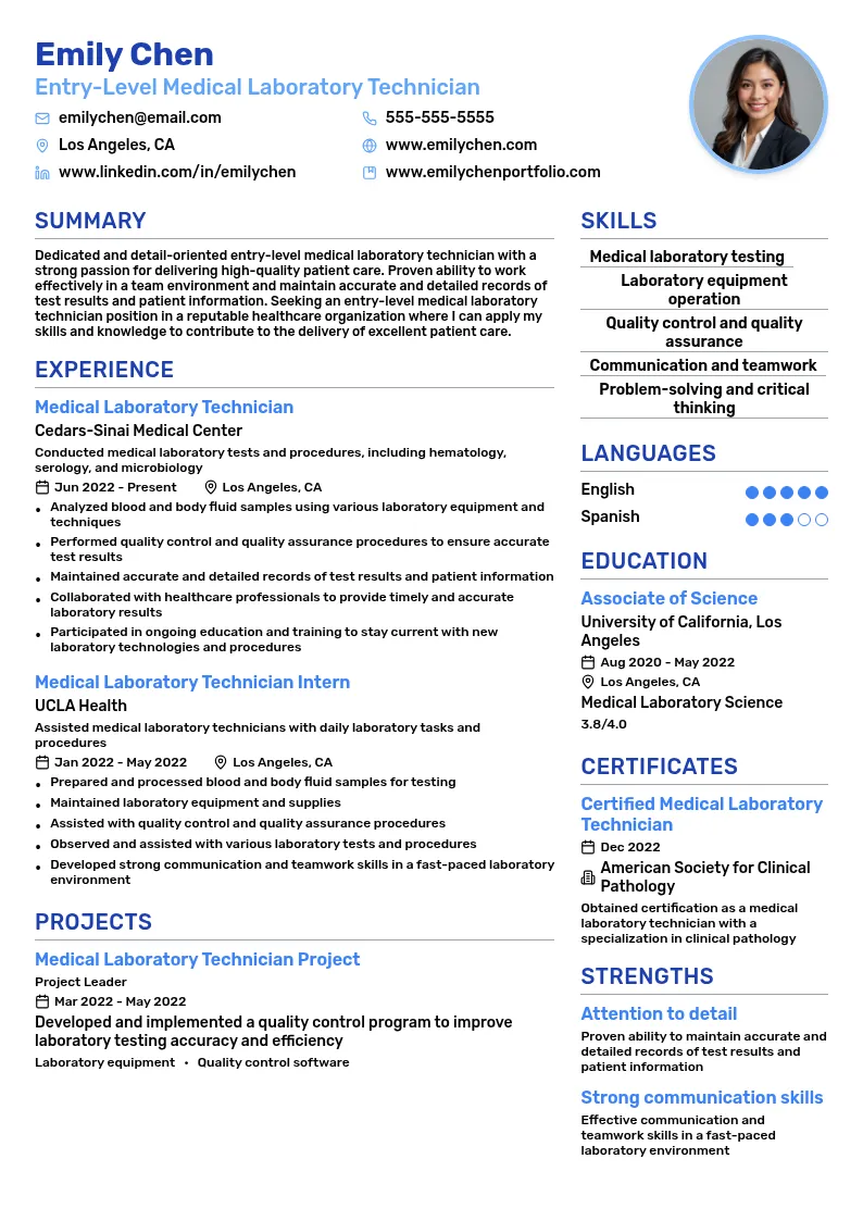 Entry-Level Medical Laboratory Technician resume example
