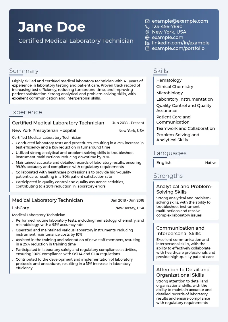 Certified Medical Laboratory Technician resume example