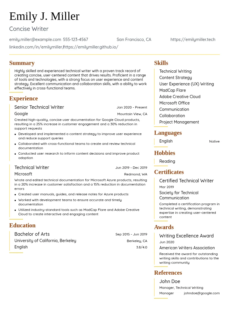Concise Writer resume example