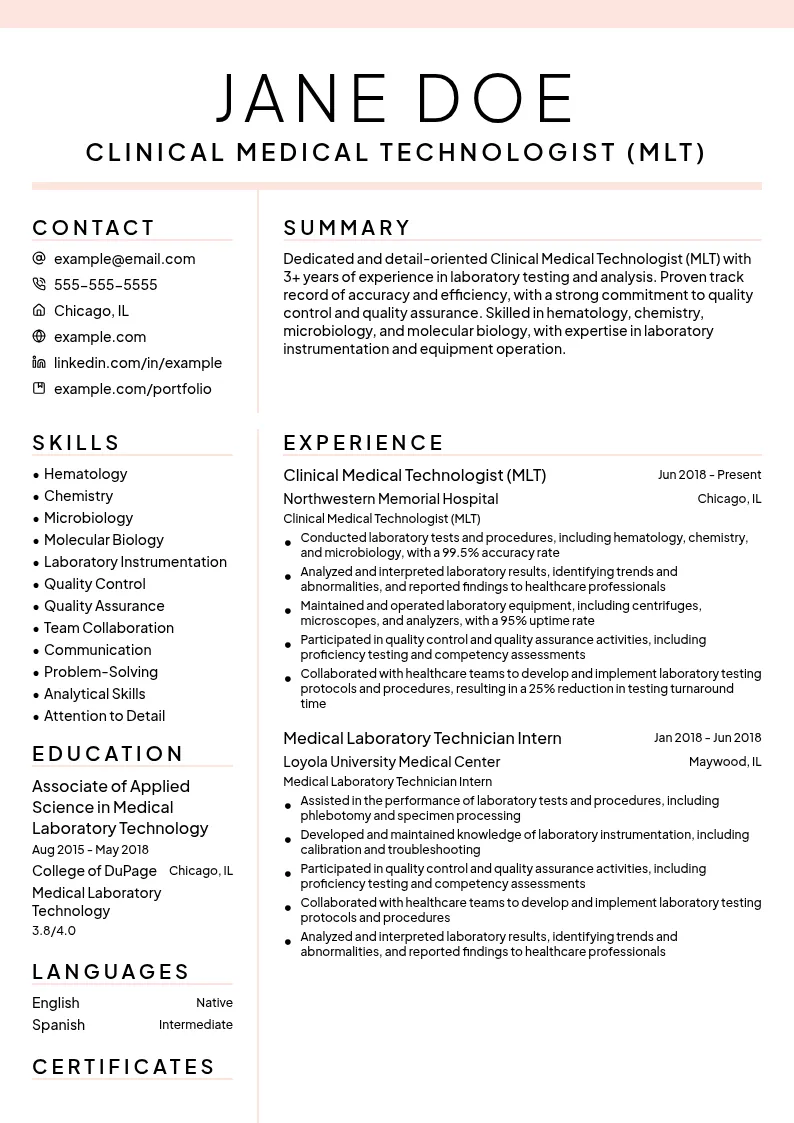 Clinical Medical Technologist (MLT) resume example